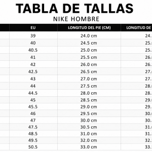 Tabla de numeros Nike Hombre